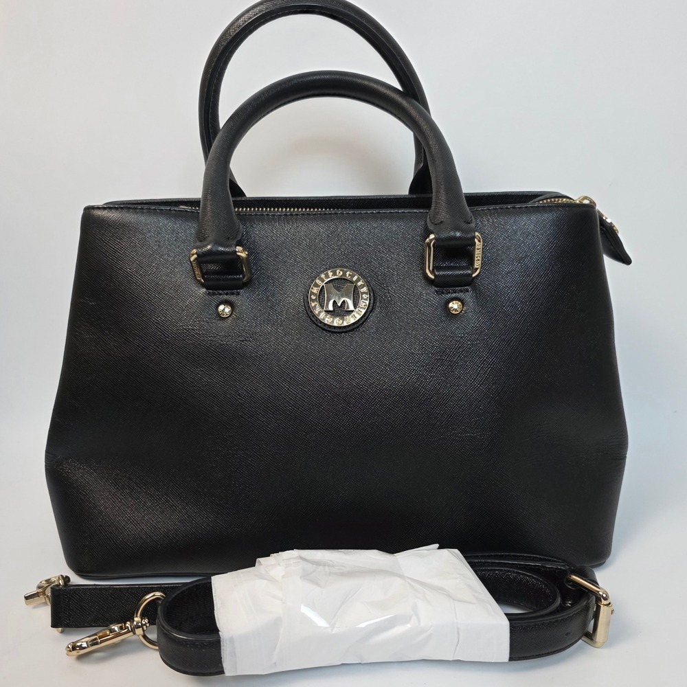 Metrocity Black Saffiano Leather Satchel Bag‎ Gold Hardware Crossbody Handbag